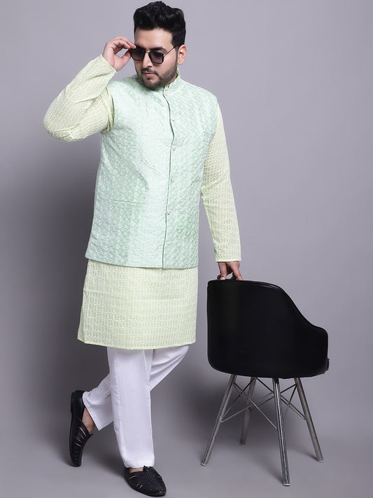 Sojanya Plus Plus Size Embroidered Pure Cotton Kurta With Pyjamas & Nehru Jacket | Swadesiicart