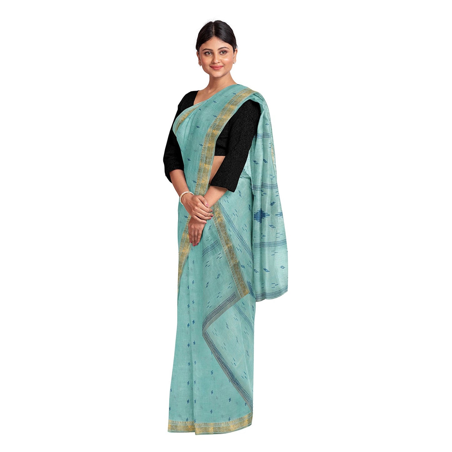 Exclusive Collection 100% Pure Cotton Sea Green Tant Saree With Hand Weaving Work - Swadesiicart