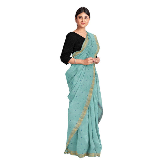 Exclusive Collection 100% Pure Cotton Sea Green Tant Saree With Hand Weaving Work - Swadesiicart