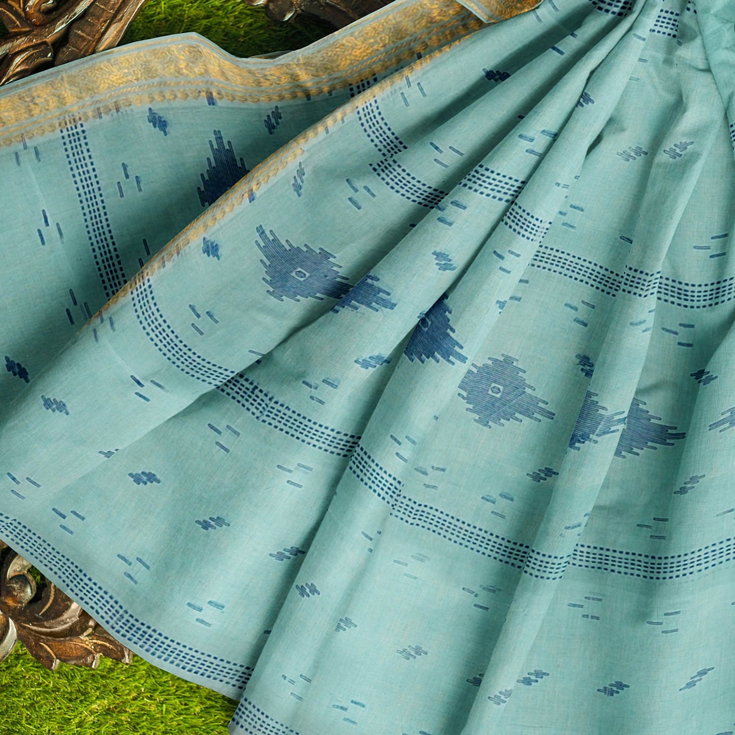 Exclusive Collection 100% Pure Cotton Sea Green Tant Saree With Hand Weaving Work - Swadesiicart