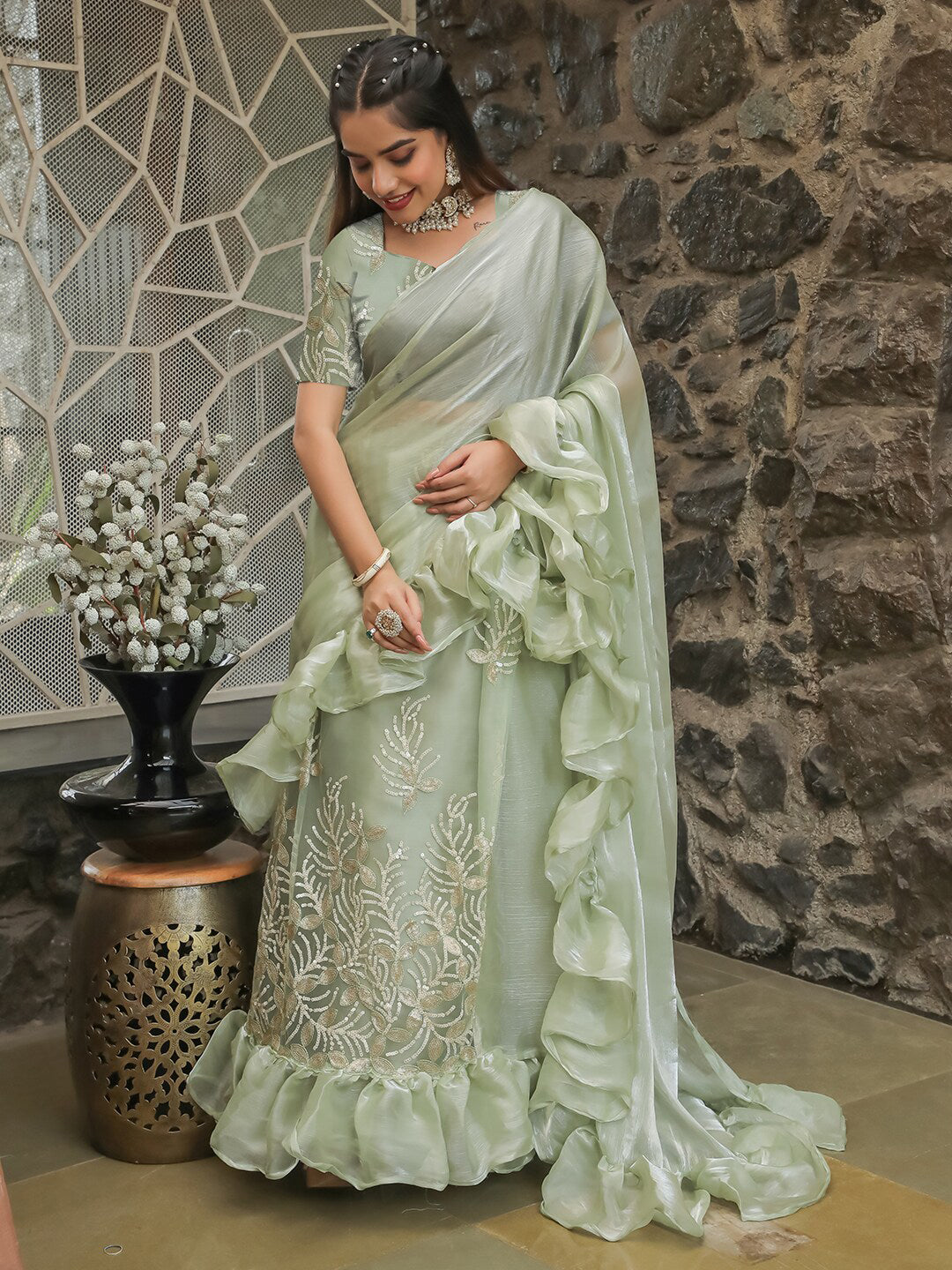 Tikhi Imli Embellished Sequinned Ruffled Ready to Wear Satin Saree | Swadesiicart