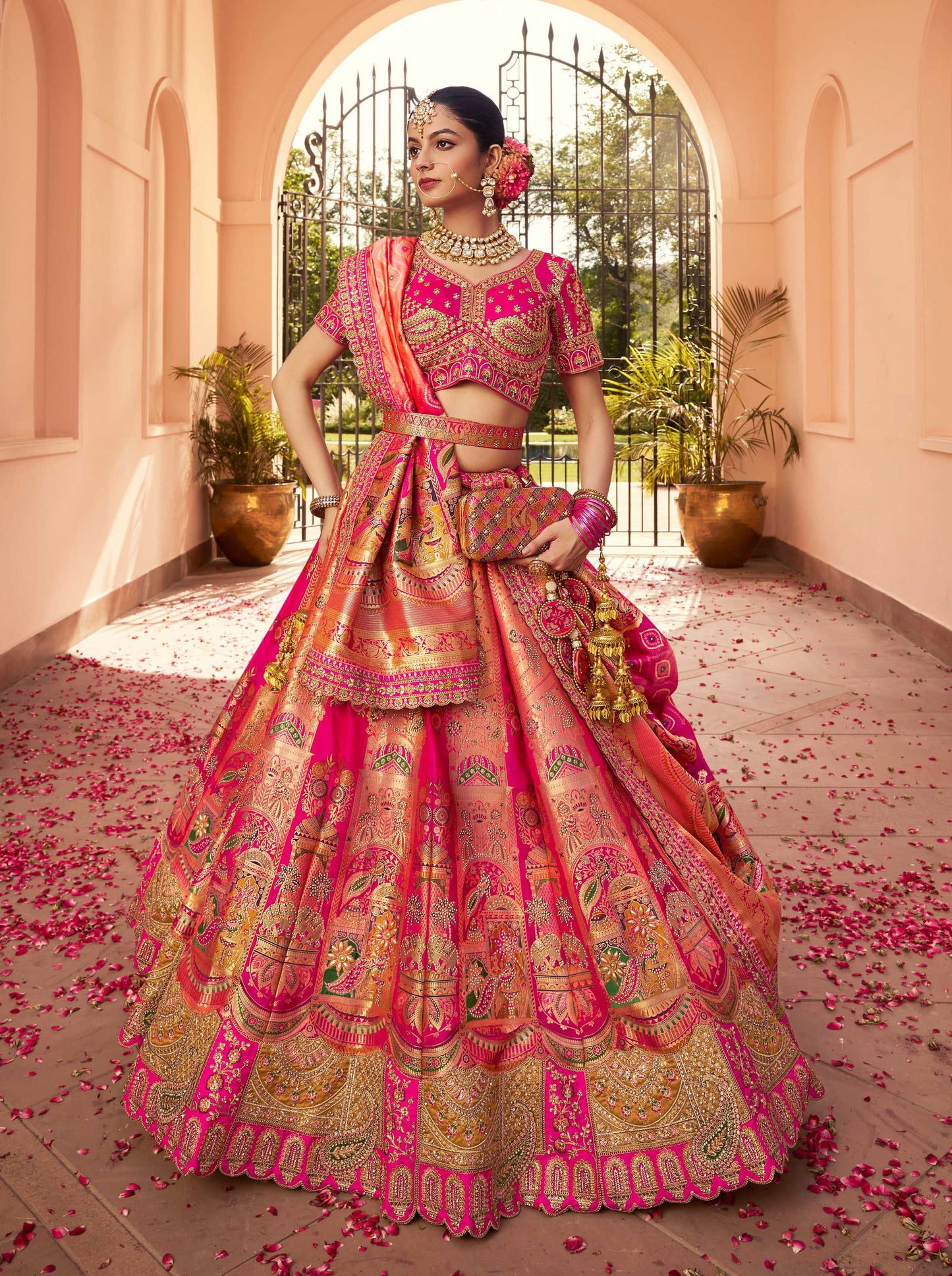 Monjolika Fashion Rani Pink Banarasi Silk Diamond Wedding Trendy Lehenga Choli | Swadesiicart