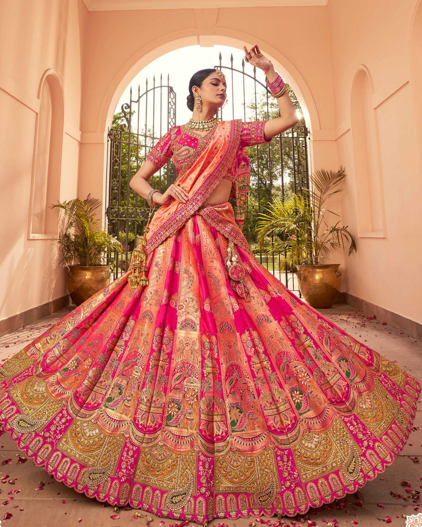 Monjolika Fashion Rani Pink Banarasi Silk Diamond Wedding Trendy Lehenga Choli | Swadesiicart