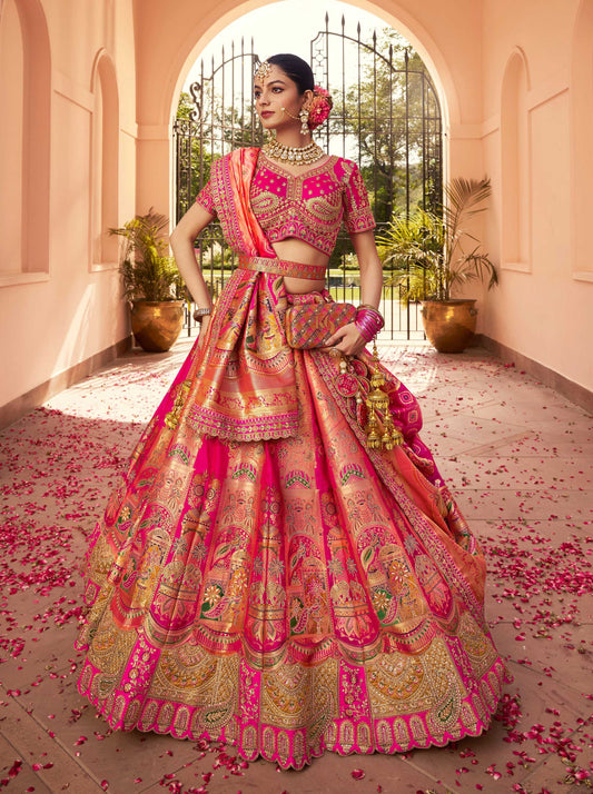 Monjolika Fashion Rani Pink Banarasi Silk Diamond Wedding Trendy Lehenga Choli | Swadesiicart