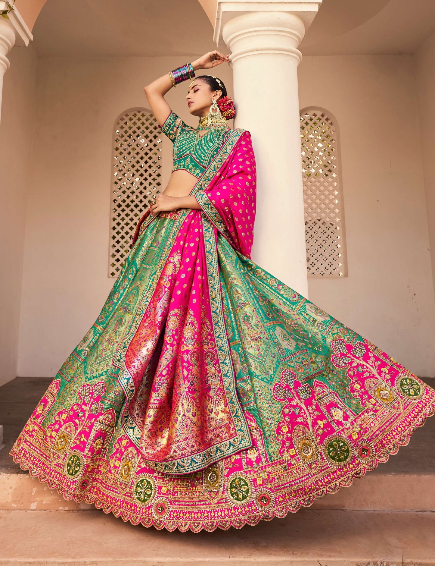 Monjolika Fashion Turquoise Banarasi Silk Diamond Wedding Trendy Lehenga Choli | Swadesiicart