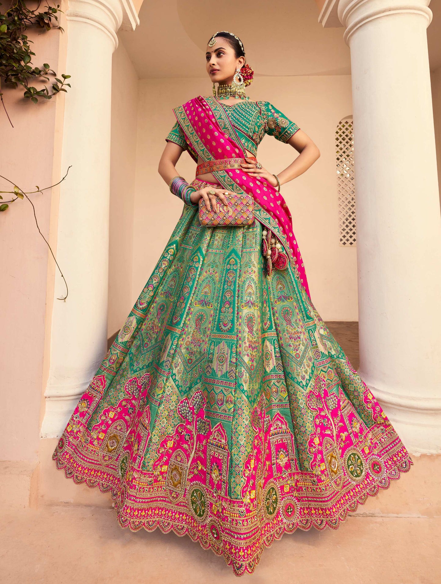 Monjolika Fashion Turquoise Banarasi Silk Diamond Wedding Trendy Lehenga Choli | Swadesiicart