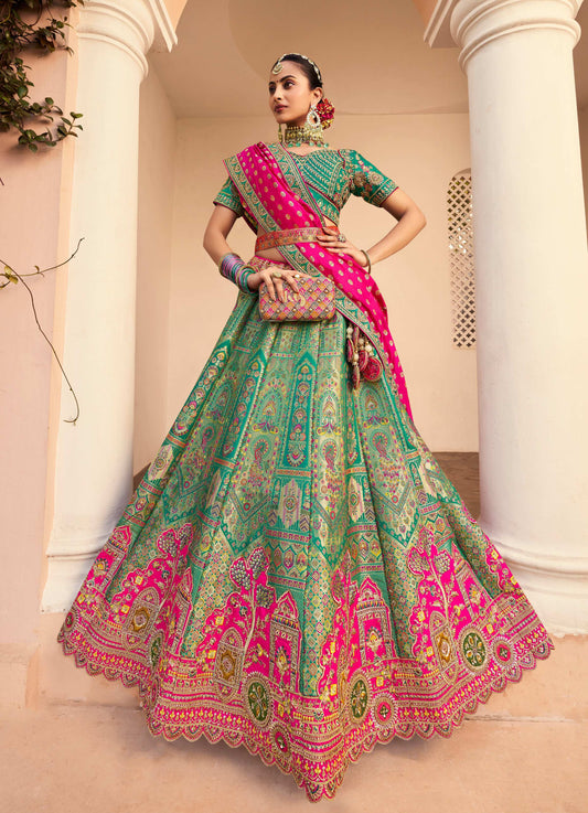 Monjolika Fashion Turquoise Banarasi Silk Diamond Wedding Trendy Lehenga Choli | Swadesiicart