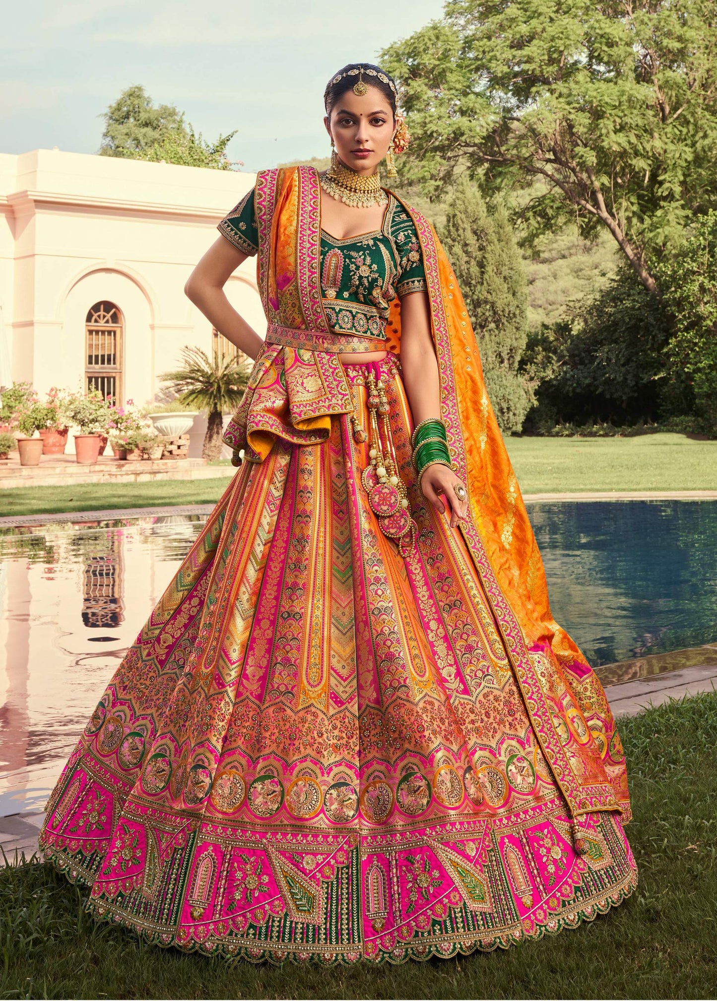 Monjolika Fashion Multi Colour Banarasi Silk Diamond Wedding Trendy Lehenga Choli | Swadesiicart