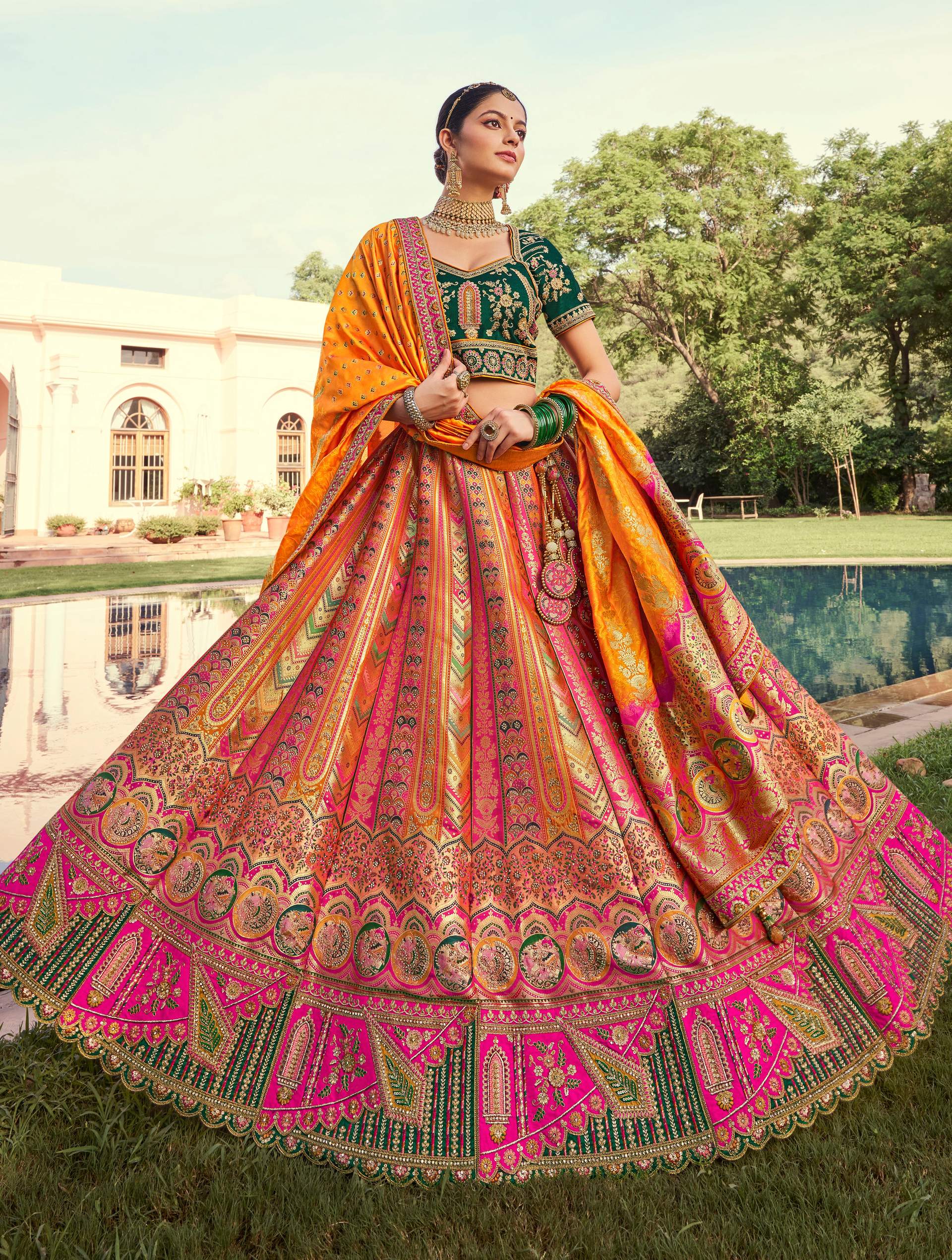 Monjolika Fashion Multi Colour Banarasi Silk Diamond Wedding Trendy Lehenga Choli | Swadesiicart