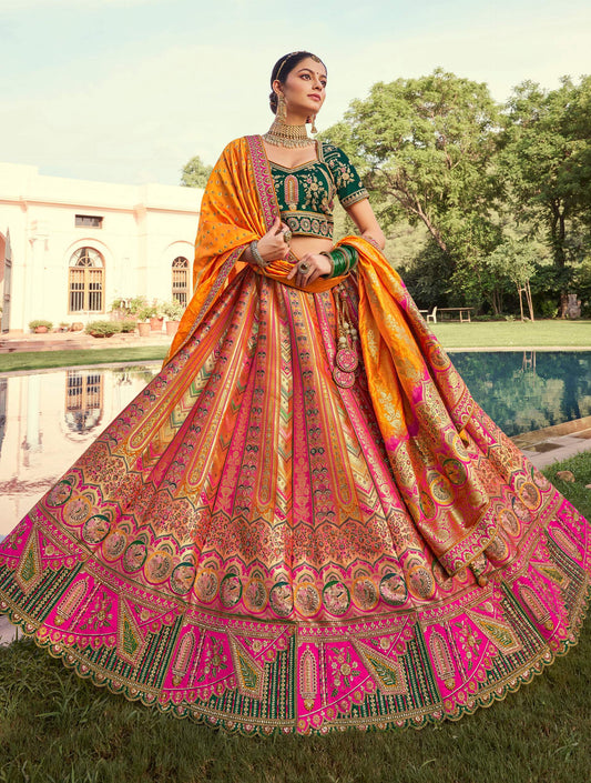 Monjolika Fashion Multi Colour Banarasi Silk Diamond Wedding Trendy Lehenga Choli | Swadesiicart