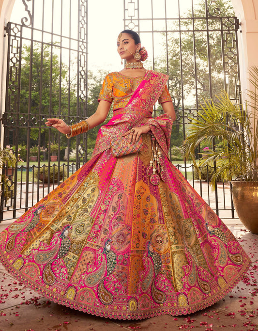 Monjolika Fashion Multi Colour Banarasi Silk Diamond Wedding Trendy Lehenga Choli | Swadesiicart