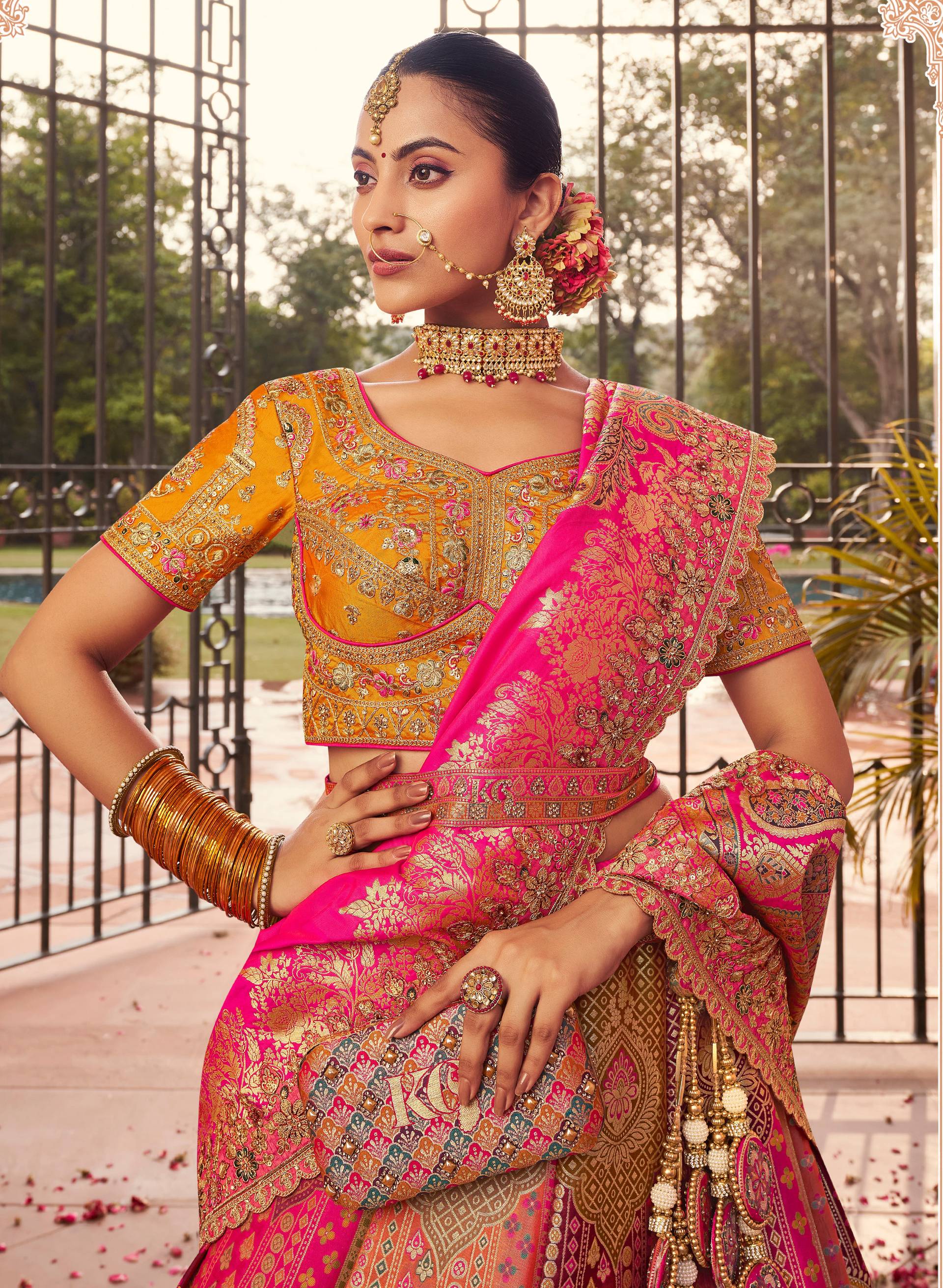 Monjolika Fashion Multi Colour Banarasi Silk Diamond Wedding Trendy Lehenga Choli | Swadesiicart