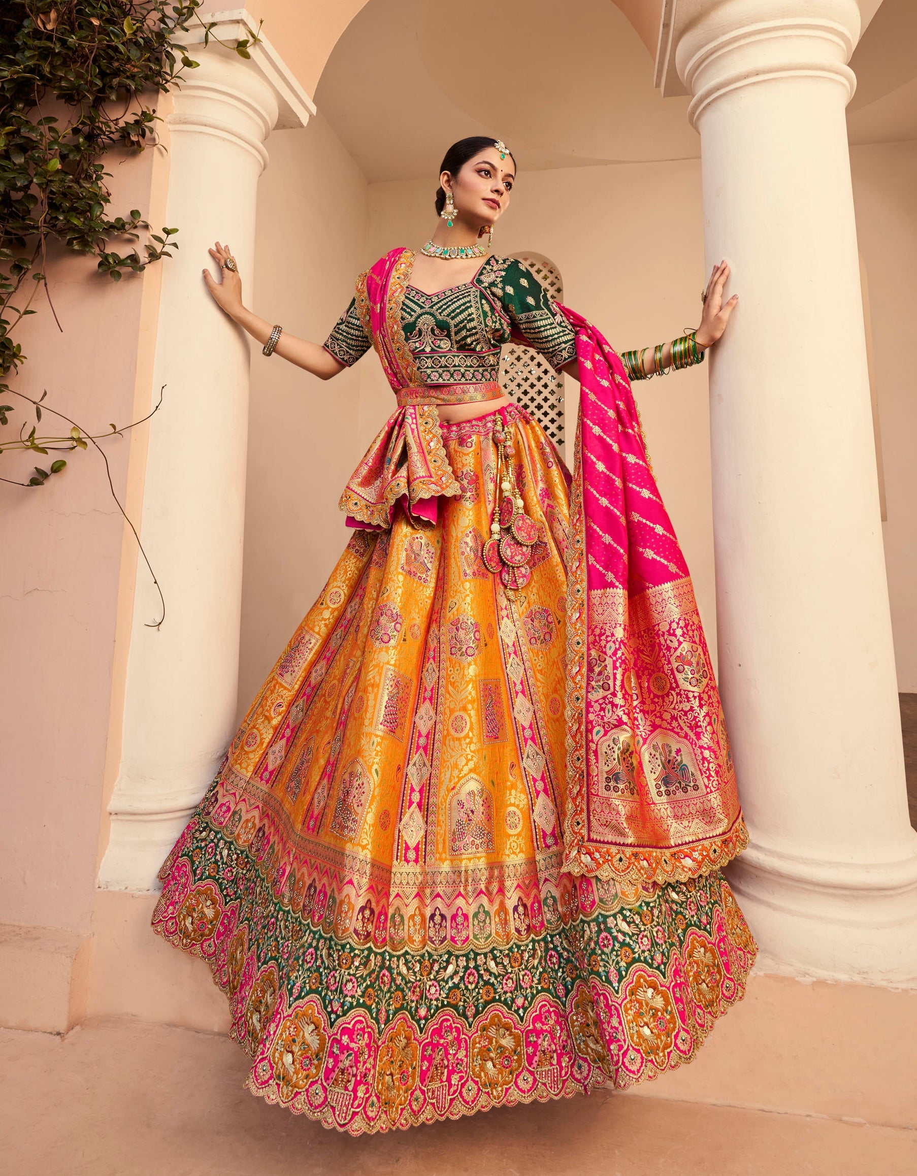 Monjolika Fashion Orange Banarasi Silk Diamond Wedding Trendy Lehenga Choli | Swadesiicart