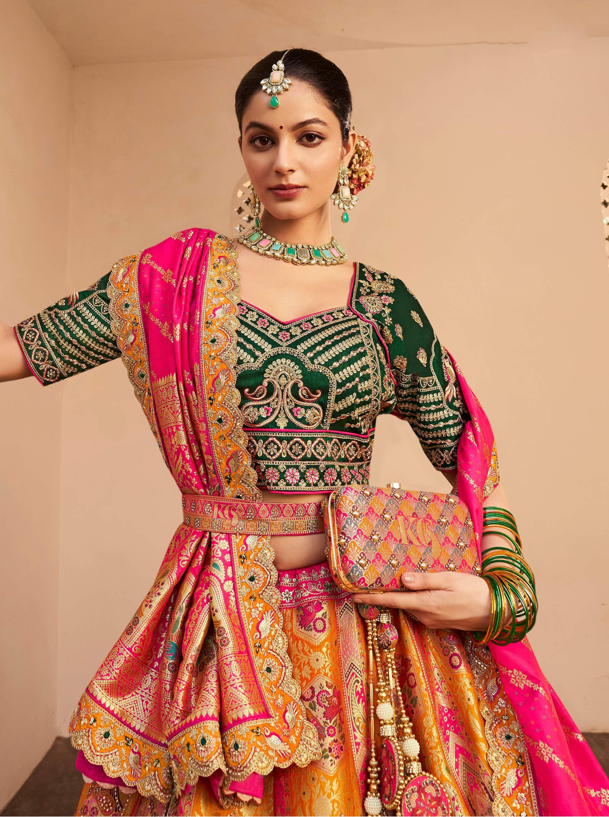 Monjolika Fashion Orange Banarasi Silk Diamond Wedding Trendy Lehenga Choli | Swadesiicart