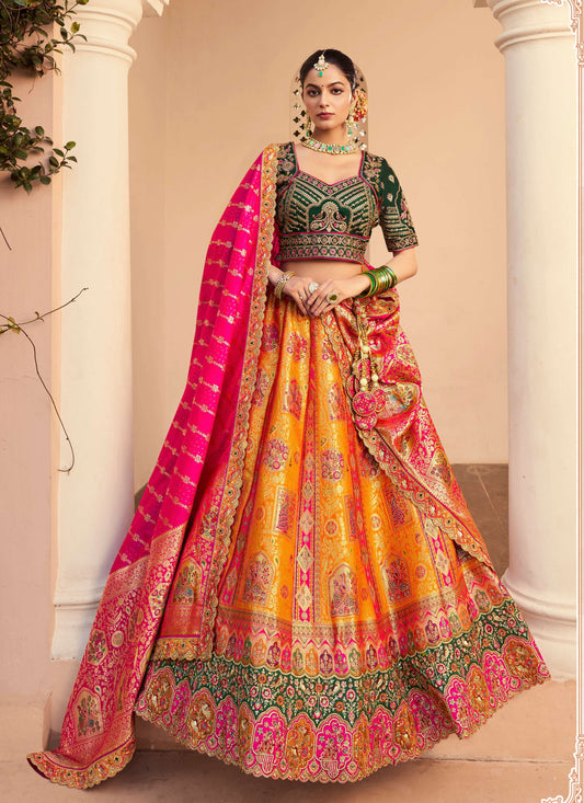 Monjolika Fashion Orange Banarasi Silk Diamond Wedding Trendy Lehenga Choli | Swadesiicart