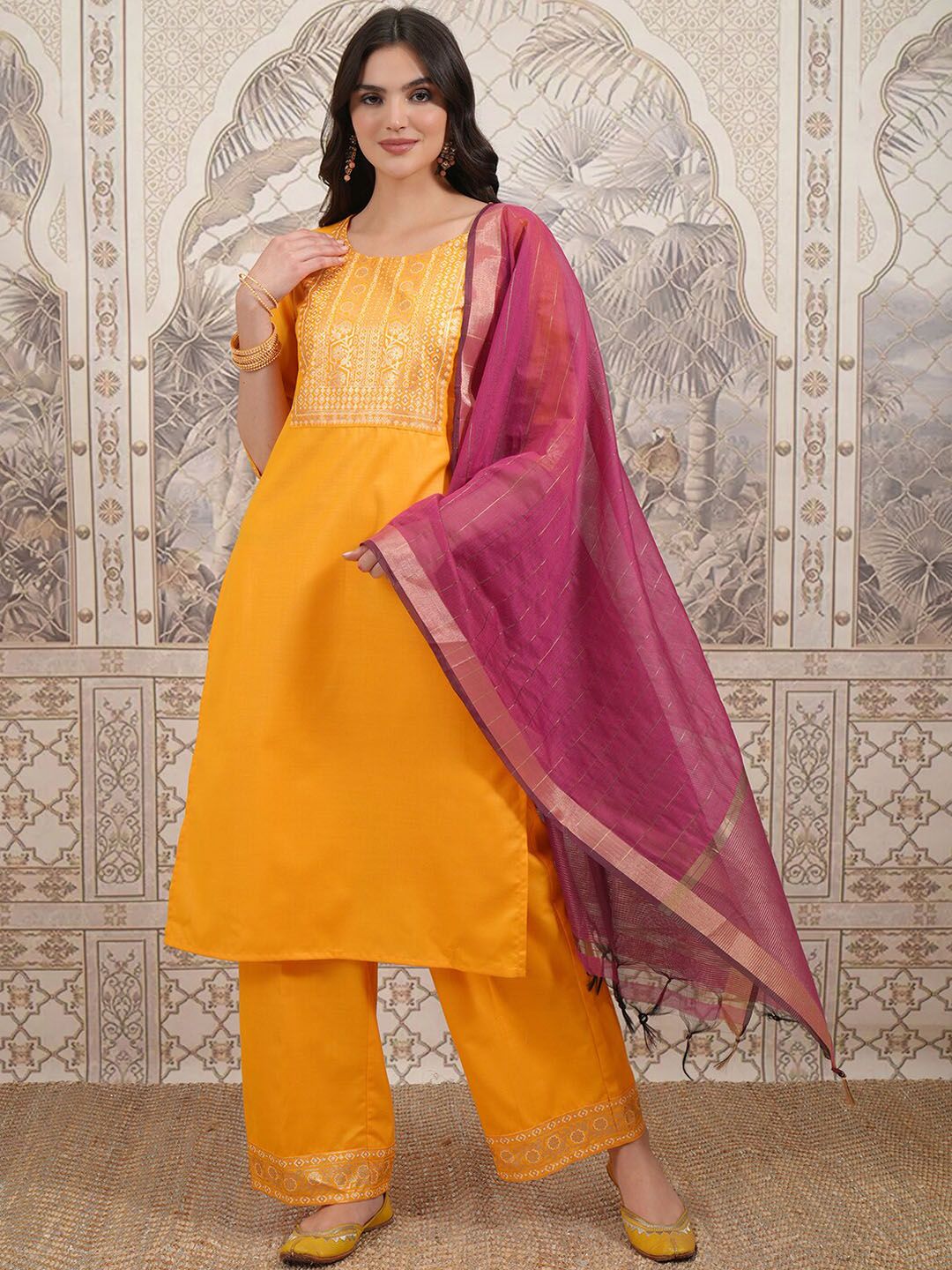Vishudh Floral Yoke Design Straight Kurta with Palazzos & With Dupatta - Swadesiicart