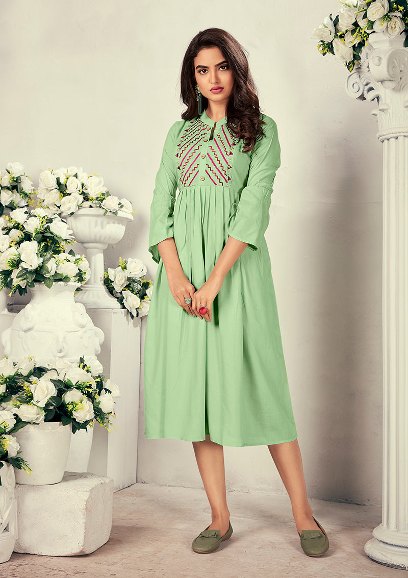 Monjolika Fashion Fancy Festive Wear Pista Green Color Rayon Fabric Thread Embroidered Kurti - Swadesiicart