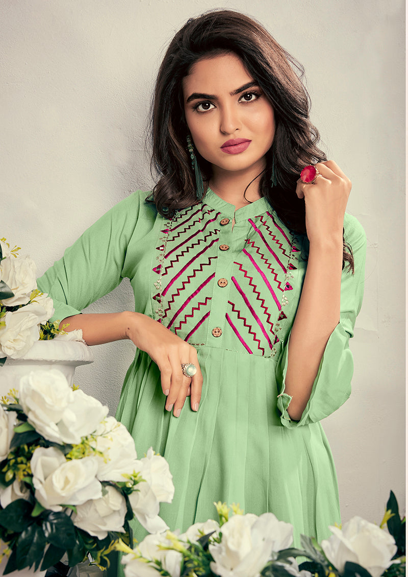 Monjolika Fashion Fancy Festive Wear Pista Green Color Rayon Fabric Thread Embroidered Kurti - Swadesiicart
