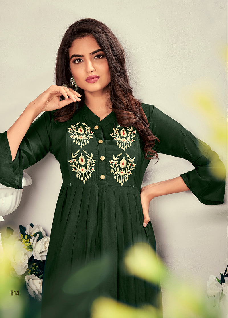 Monjolika Fashion Fancy Festive Wear Bottle Green Color Rayon Fabric Thread Embroidered Kurti - Swadesiicart