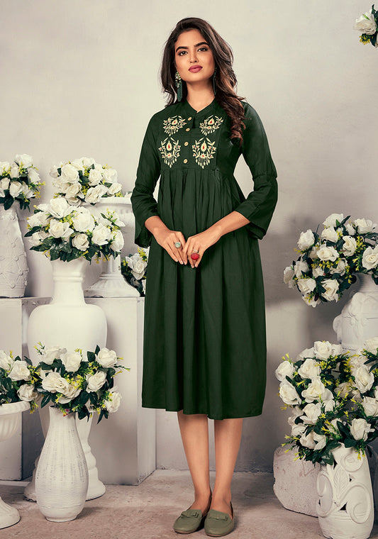 Monjolika Fashion Fancy Festive Wear Bottle Green Color Rayon Fabric Thread Embroidered Kurti - Swadesiicart