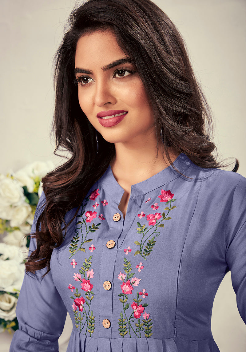 Monjolika Fashion Fancy Festive Wear Lavender Color Rayon Fabric Thread Embroidered Kurti - Swadesiicart