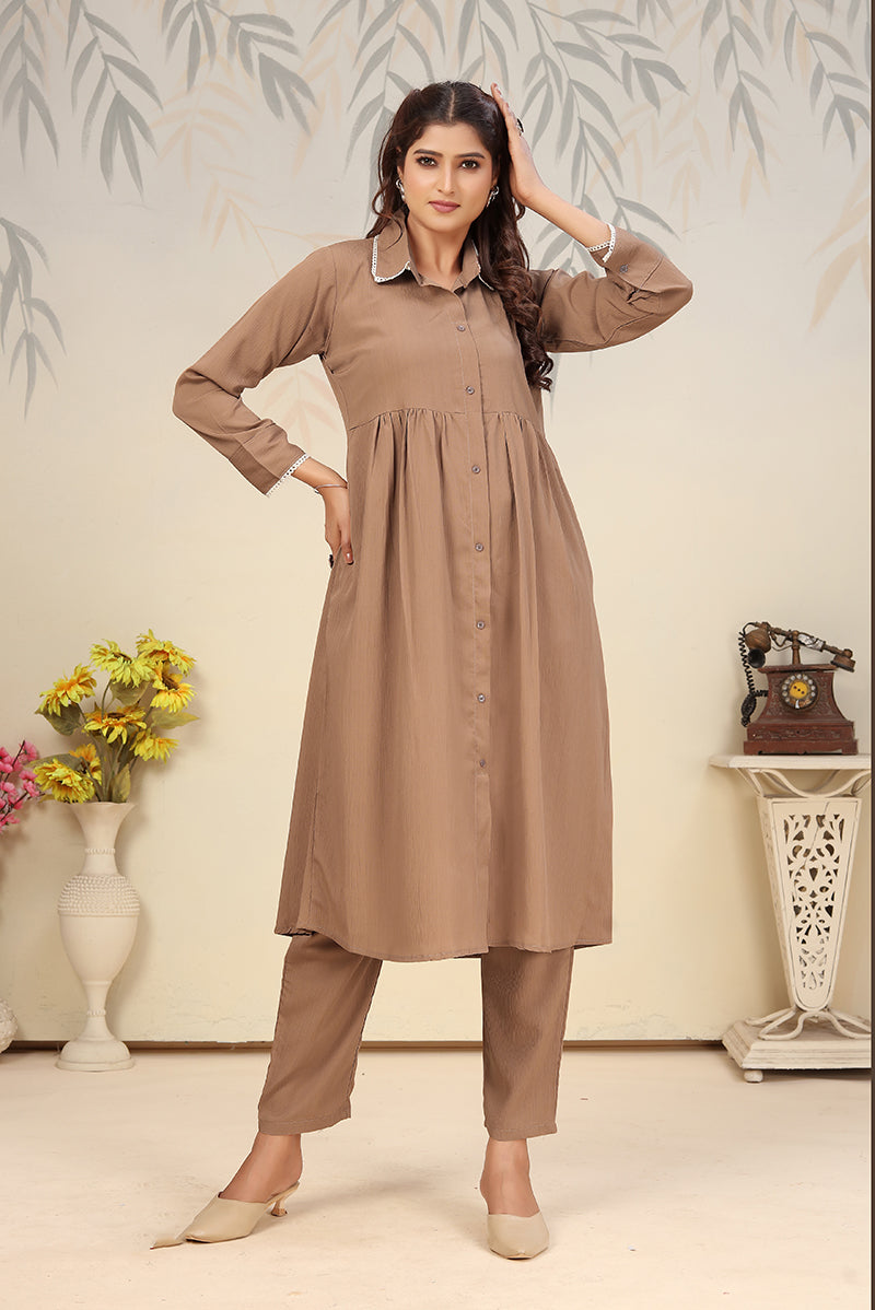 Monjolika Fashion Brown Cotton Solid Festival Casual Kurti - Swadesiicart