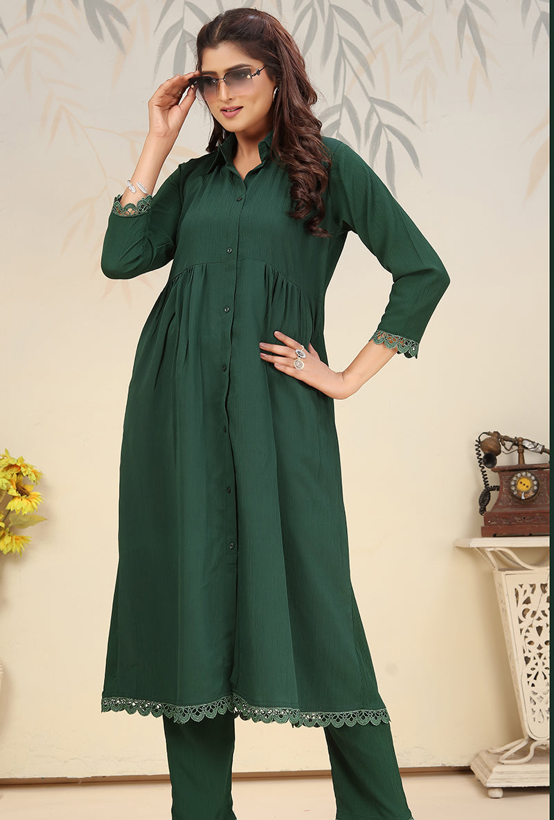Monjolika Fashion Bottle Green Cotton Solid Festival Casual Kurti - Swadesiicart