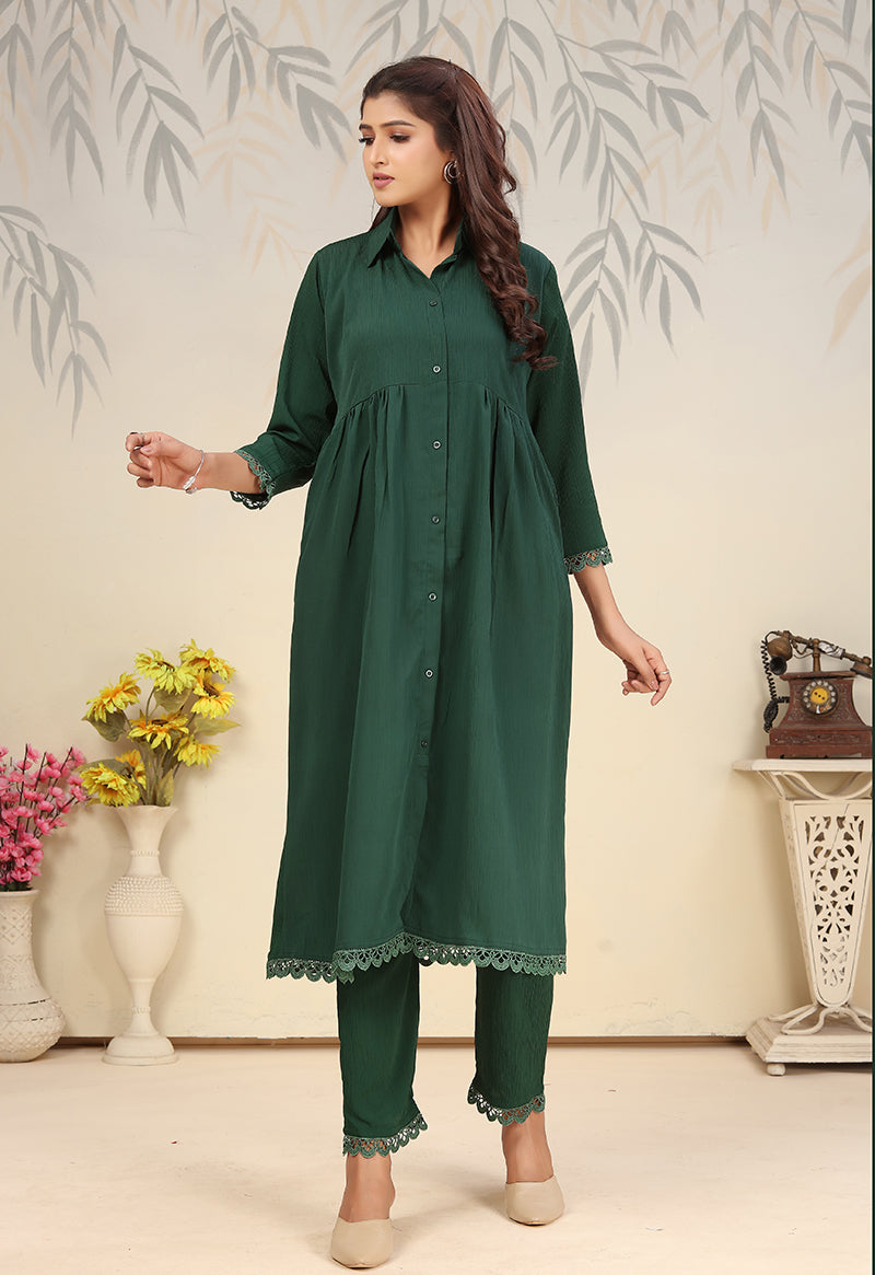 Monjolika Fashion Bottle Green Cotton Solid Festival Casual Kurti - Swadesiicart