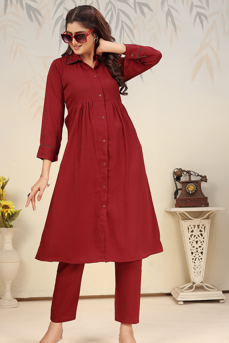 Monjolika Fashion Maroon Cotton Solid Festival Casual Kurti - Swadesiicart