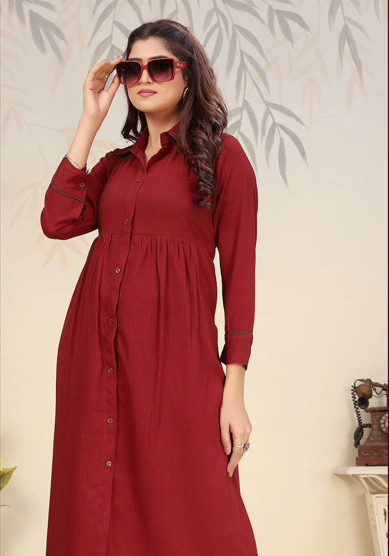 Monjolika Fashion Maroon Cotton Solid Festival Casual Kurti - Swadesiicart