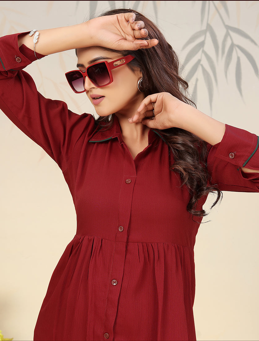 Monjolika Fashion Maroon Cotton Solid Festival Casual Kurti - Swadesiicart