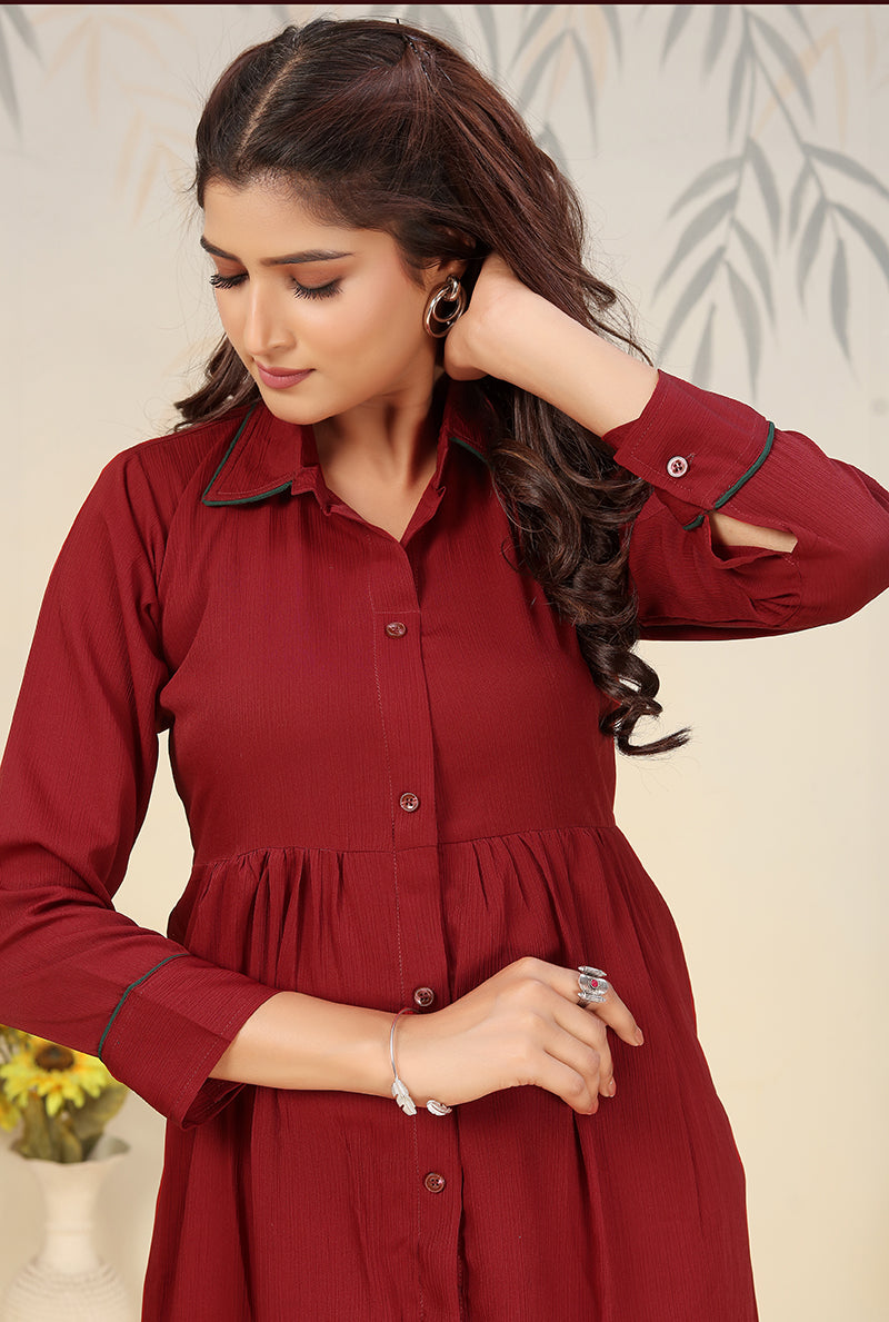 Monjolika Fashion Maroon Cotton Solid Festival Casual Kurti - Swadesiicart