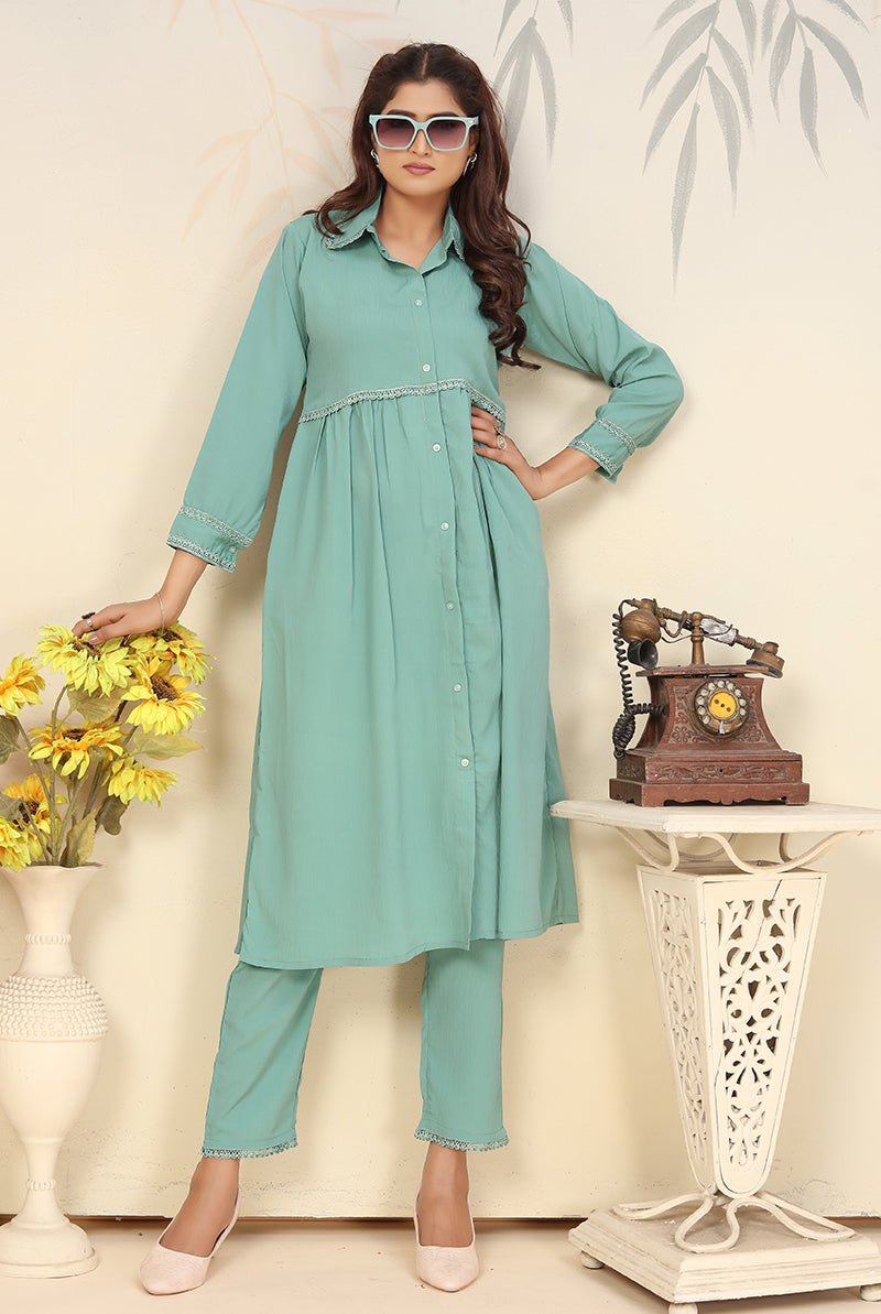 Monjolika Fashion Light Cyan Cotton Solid Festival Casual Kurti - Swadesiicart
