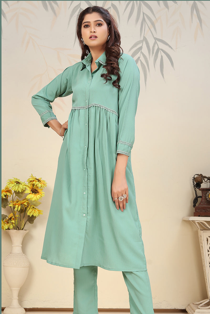 Monjolika Fashion Light Cyan Cotton Solid Festival Casual Kurti - Swadesiicart