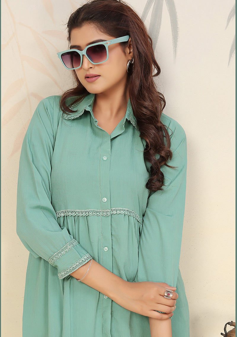 Monjolika Fashion Light Cyan Cotton Solid Festival Casual Kurti - Swadesiicart