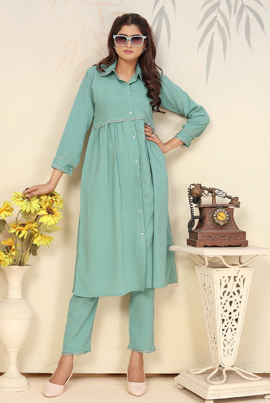 Monjolika Fashion Light Cyan Cotton Solid Festival Casual Kurti - Swadesiicart