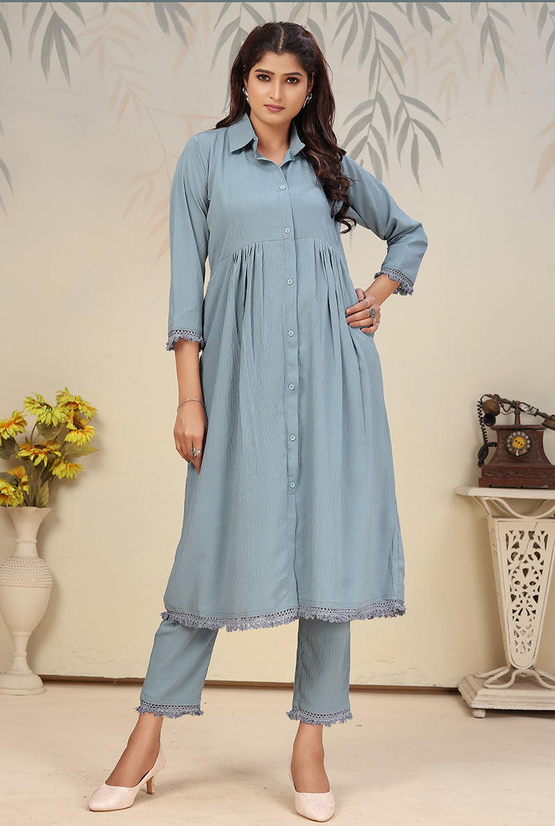 Monjolika Fashion Sky Blue Cotton Solid Festival Casual Kurti - Swadesiicart
