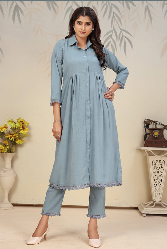 Monjolika Fashion Sky Blue Cotton Solid Festival Casual Kurti - Swadesiicart