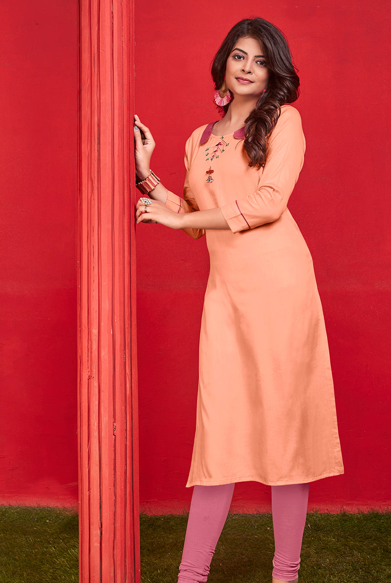 Monjolika Fashion Cotton Party Wear Kurti In Peach - Swadesiicart