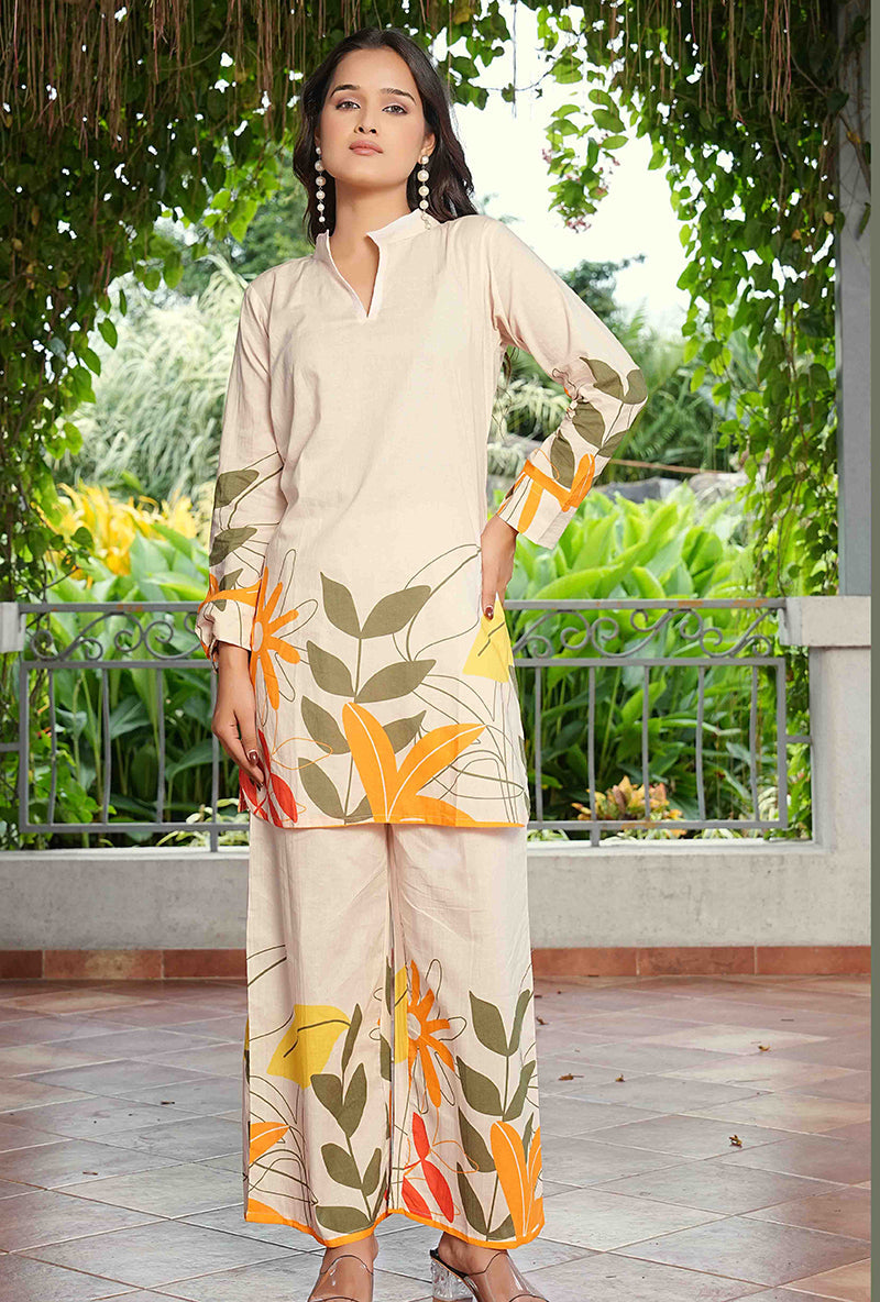 Monjolika Fashion Elegant Cream Floral Printed Cotton Co-Ord Set For Women - Swadesiicart