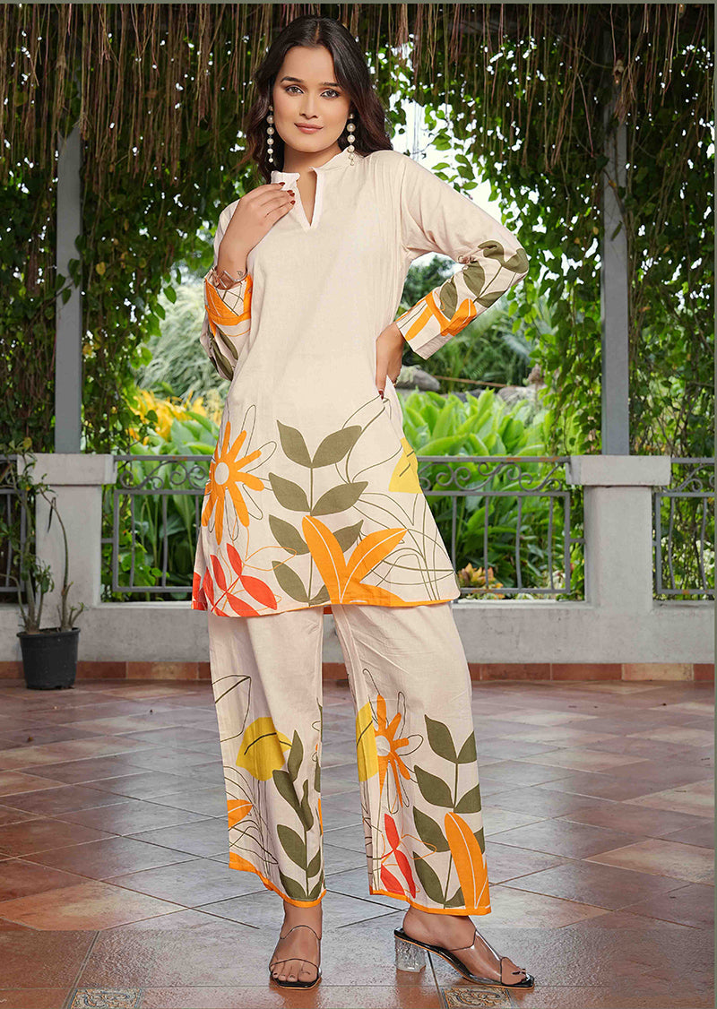 Monjolika Fashion Elegant Cream Floral Printed Cotton Co-Ord Set For Women - Swadesiicart
