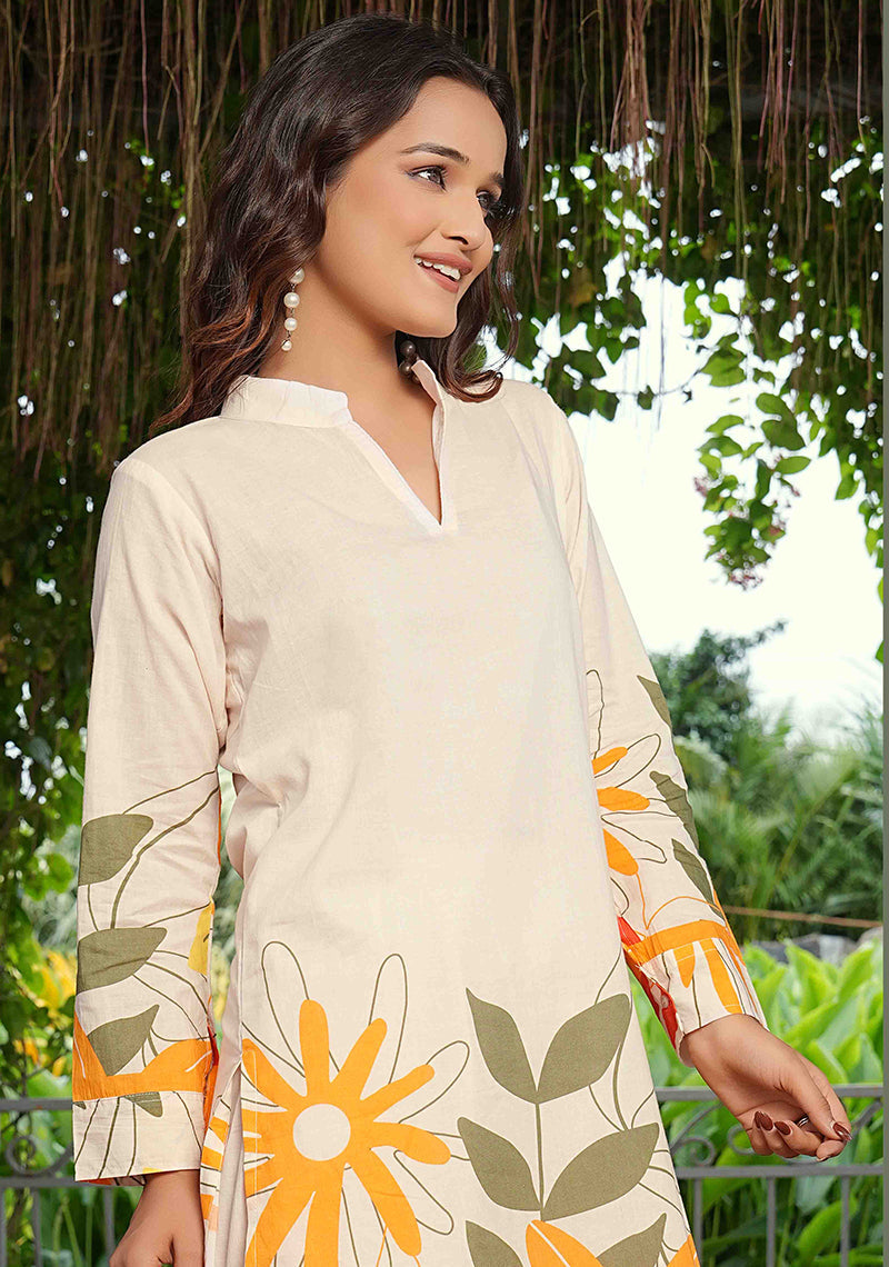 Monjolika Fashion Elegant Cream Floral Printed Cotton Co-Ord Set For Women - Swadesiicart