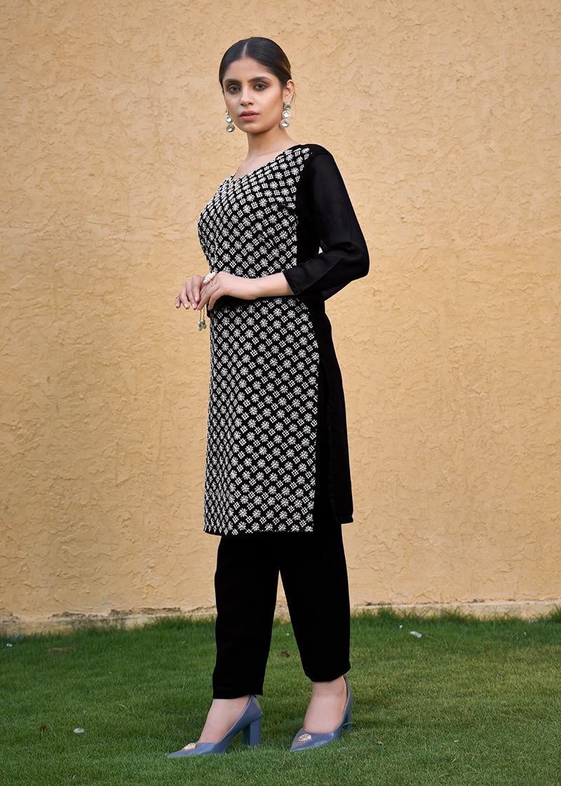 Monjolika Fashion Embroidered Georgette Straight Kurta Set In Black - Swadesiicart
