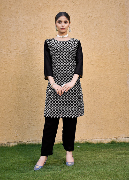 Monjolika Fashion Embroidered Georgette Straight Kurta Set In Black - Swadesiicart