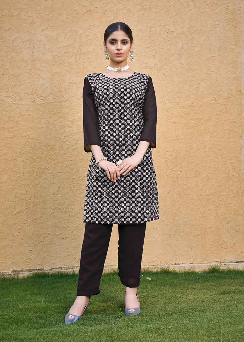 Monjolika Fashion Embroidered Georgette Straight Kurta Set In Coffee - Swadesiicart