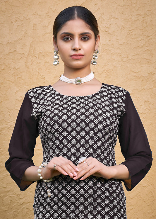 Monjolika Fashion Embroidered Georgette Straight Kurta Set In Coffee - Swadesiicart