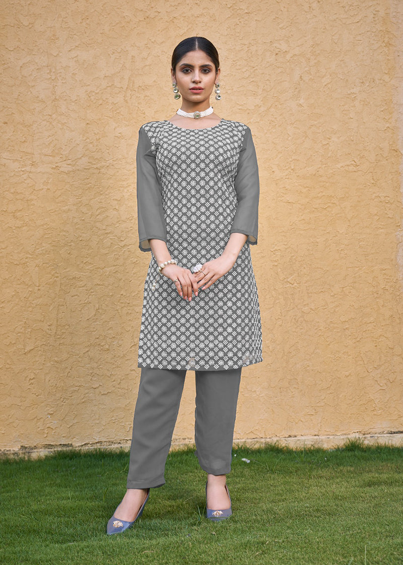 Monjolika Fashion Embroidered Georgette Straight Kurta Set In Grey - Swadesiicart
