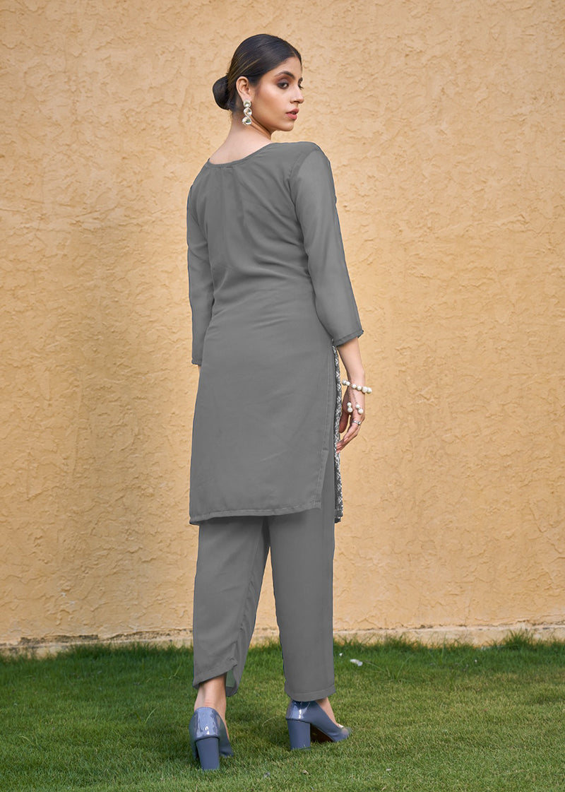Monjolika Fashion Embroidered Georgette Straight Kurta Set In Grey - Swadesiicart