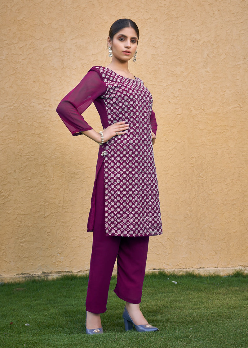 Monjolika Fashion Embroidered Georgette Straight Kurta Set In Purple - Swadesiicart
