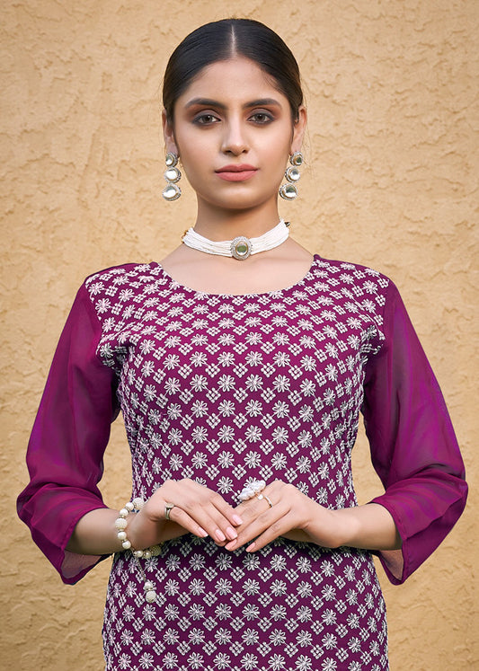 Monjolika Fashion Embroidered Georgette Straight Kurta Set In Purple - Swadesiicart